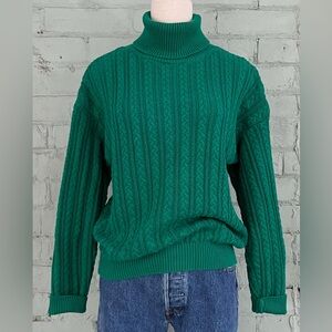 Vintage Green Cable Knit Cotton Turtleneck Sweater